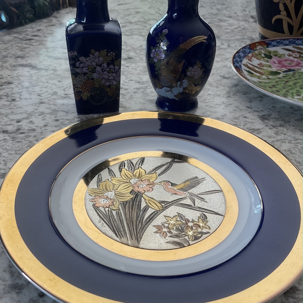 Authentic Japanese Chokin Art Cobalt Blue 24 Kt Gold Enlay - Picture 12 of 16